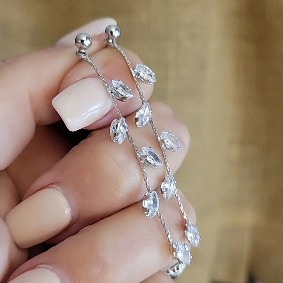 Stunning Front/Back 925 Silver CZ Long Drop Earrings - Picture 1 of 8